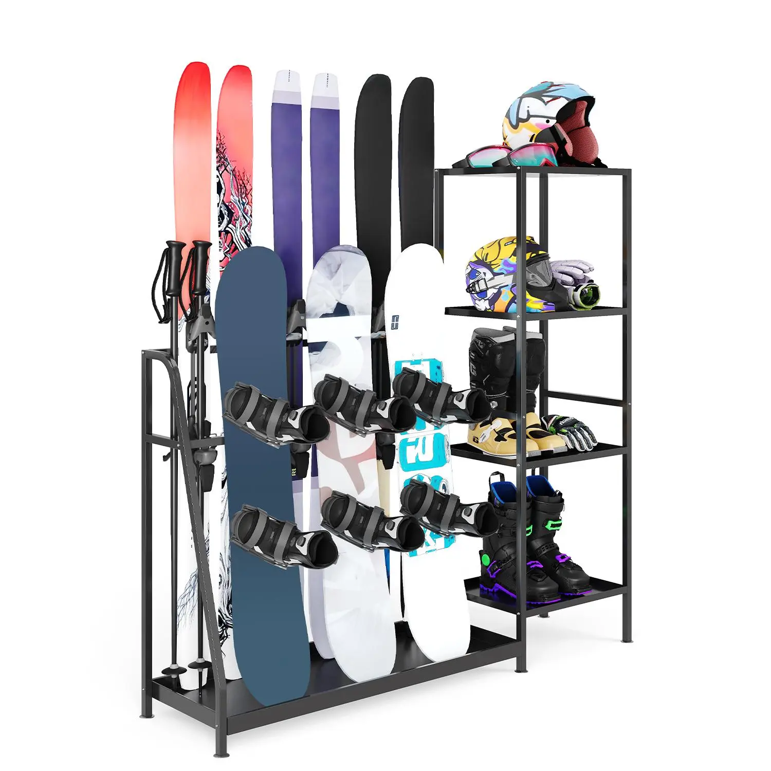 Freestanding Ski and Snowboard Storage Rack – Steel Floor Organizer for Garage – Holds Skis, Poles, Helmets, Boots