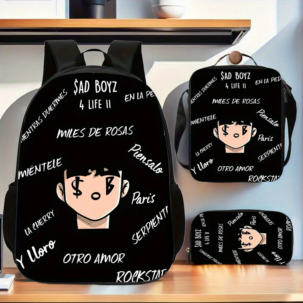Durable Water Resistant 3-Piece Kids Backpack Set, Lightweight School Pack with Lunch Box & Pencil Case, 600D Oxford With Black Sad Boyz 4 Life II Latin Rap Cartoon Face Spanish Song Lyrics Print, Breathable Padded Straps, 15-inch Laptop Space, PEVA Insul
