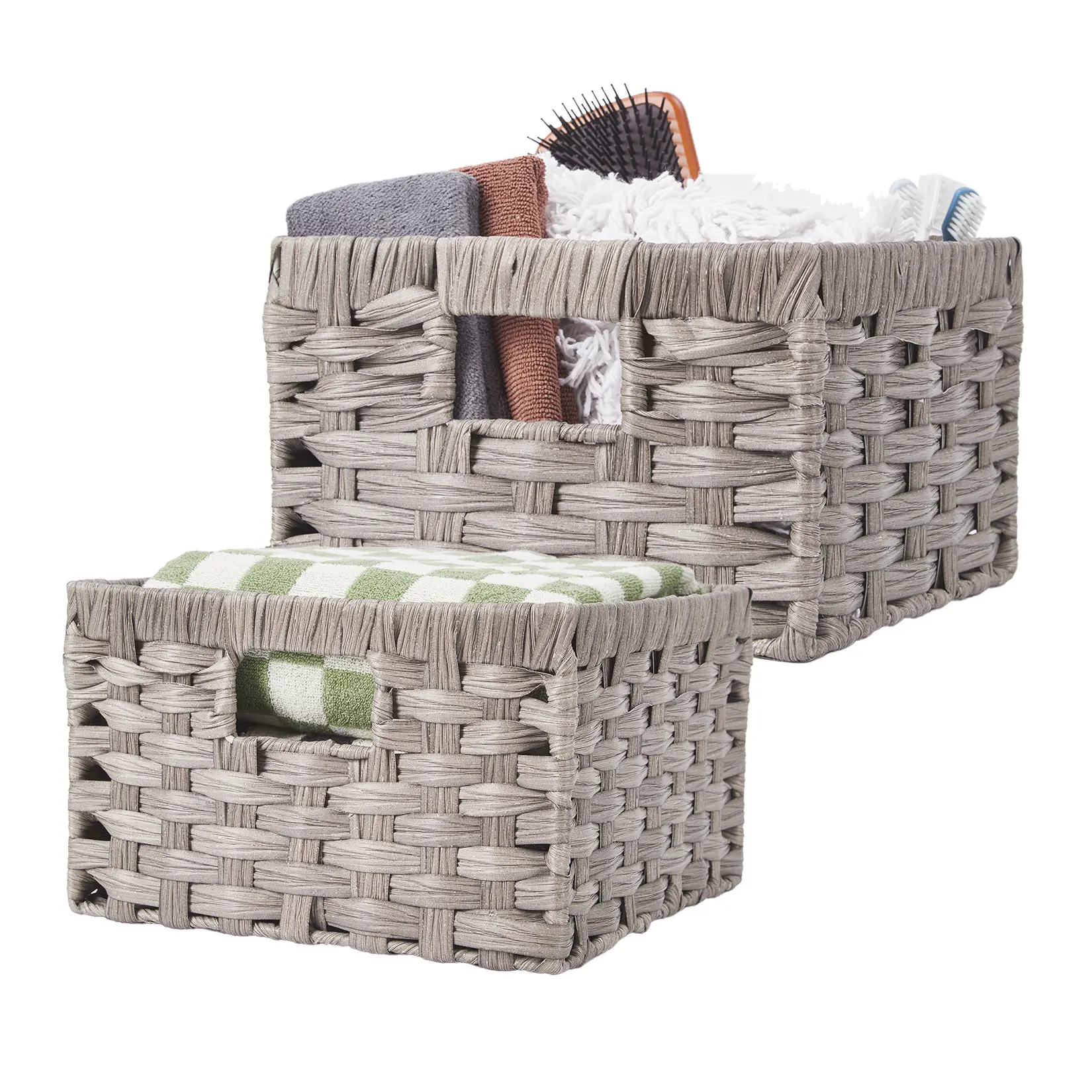 Gaomon Square Synthetic Rattan Handwoven Water Hyacinth Storage Baskets Set of 2 - Waterproof Easy-to-Clean Organizer Bins with Built-in Handles, Woven Texture for Home Shelves, Bathroom, Closets - Durable Decor, Brown (L 29x29x18cm, M 26x26x16.5cm)