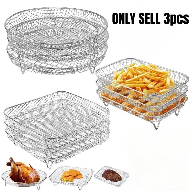 Stainless steel air fryer rack 3-piece set, multifunctional stackable rack, draining stand, barbecue basket, easy to clean, high temperature resistant and not easy to deform, a must-have little tool for the home kitchen