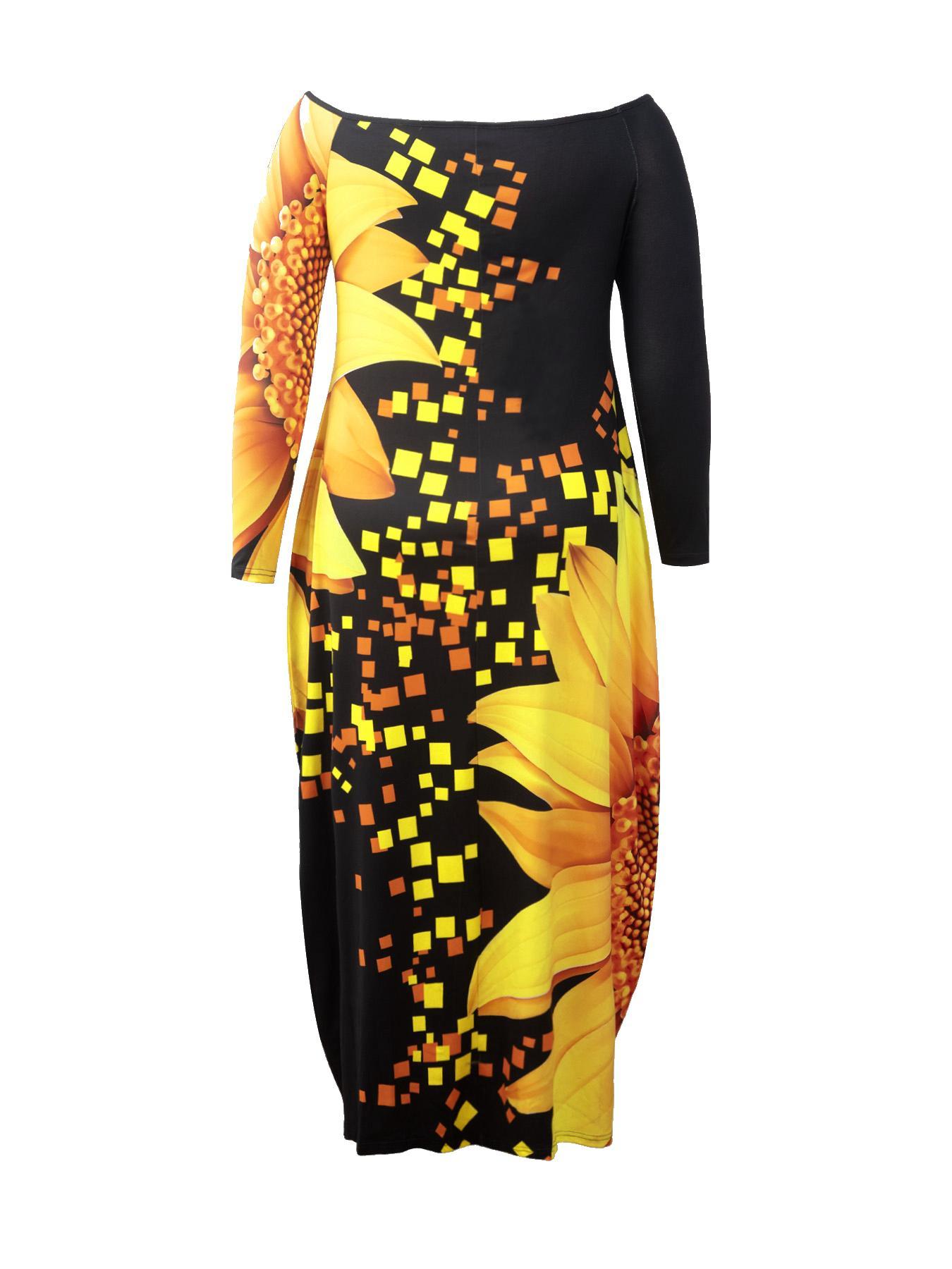 【Plus Size】 Casual Boho Elegant All Over Print Pocket Off Shoulder Dress Long Sleeve Long Dress for Spring & Fall, Women's Clothes for Daily Wear