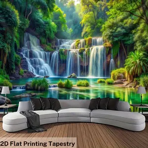 Ultra Large Rectangular Polyester Tapestry Wall Mural, Nature Sunshine Waterfall Tree Design, 2D Flat Printing Home Decor, Living Room & Bedroom Decor with Free Hanging Clips, Living Room Decor