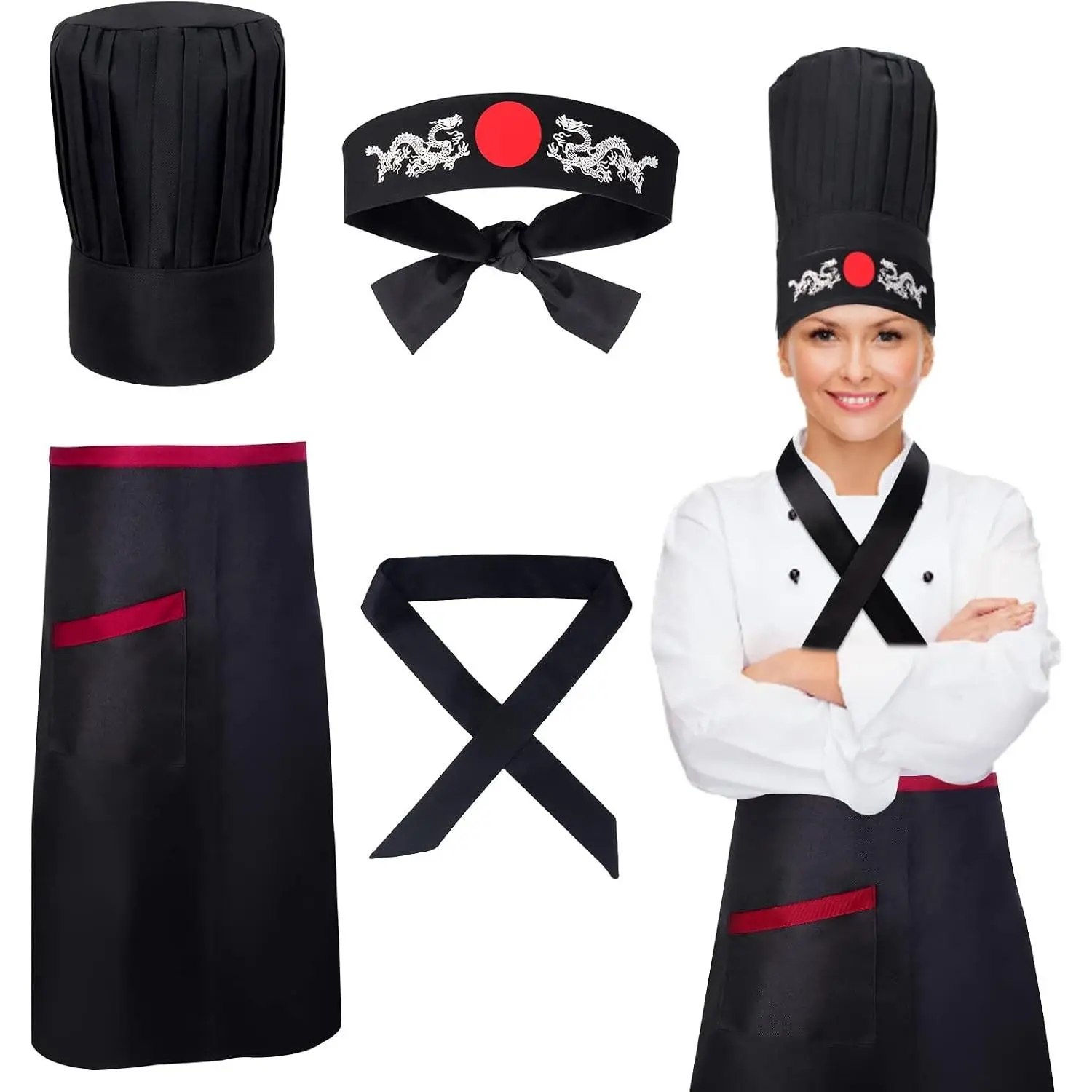 Hibachi Chef Tall Hat and Apron Costume Set with Headband Tie for Japanese Cuisine Lovers and Hibachi EnthusiastsGift