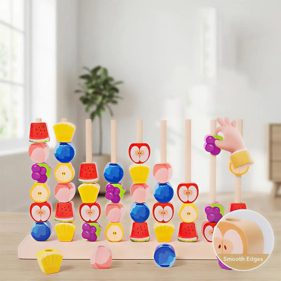 Wooden Fruit Bead Stringing Puzzle Set Toy for 3-6 Years - Color & Shape Recognition Teaching Aid, Fine Motor & Hand-Eye Coordination Trainer, Parent-Interaction Logical Thinking Birthday Holiday Gift