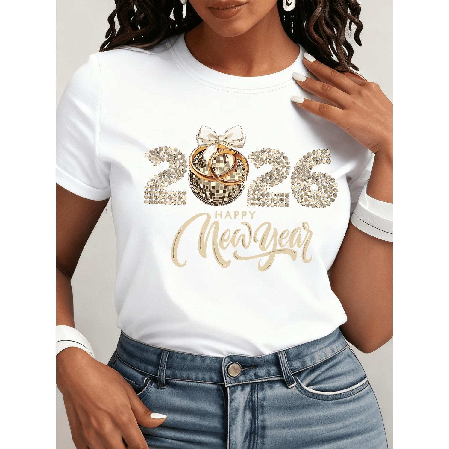 Women's 2026 New Year Golden Graphic Tee, Rhinestone-Like Detail, Black & Gold Cotton Crew Neck Short Sleeve, NYE Party Outfit