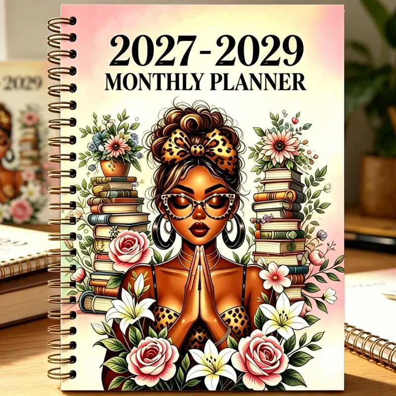 2027-2029 Three-Year Monthly Planner Notebook, Leopard Floral Illustration Coil Notebook, Women's Schedule Organizer, Handwritten Journal, Coil Binding, Leopard Floral Art