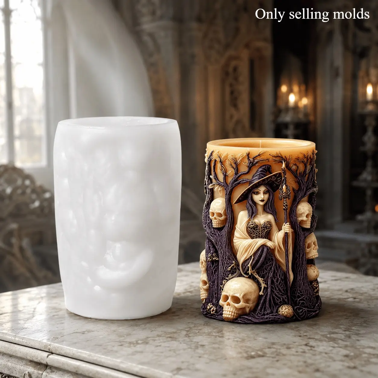 Spooky Witch & Skull Tree Candle Silicone Resin Molds, Skull Tree Cylinder Silicone Soap Moulds, Suitable for Epoxy Resin Art, Candle, Soap & Plaster Ornament, DIY Handmade Craft Tools for Halloween Favors, Dark Theme Table Center Decor