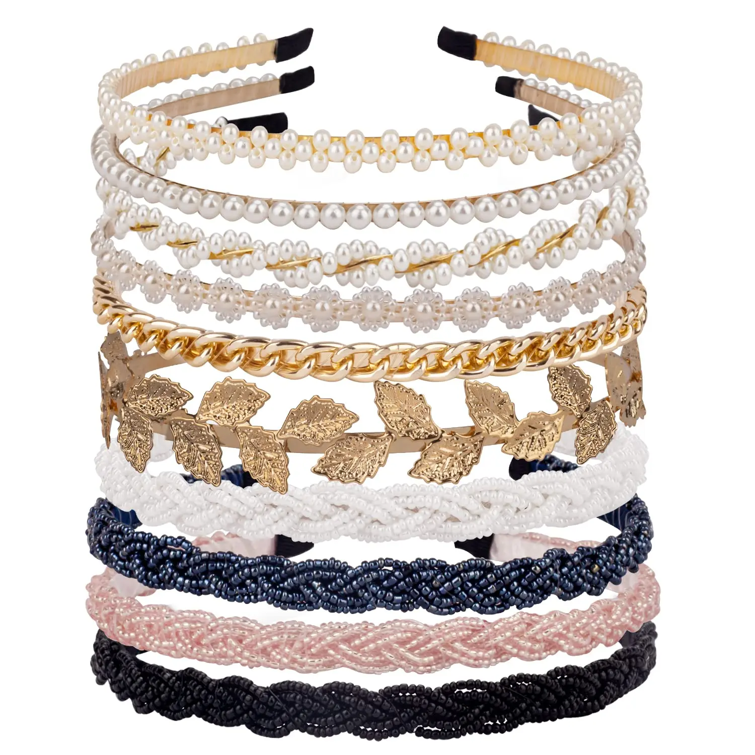 Headbands Beaded Headband Metal  Bands No Slip Hair Accessories for Women Girls,10 Pack