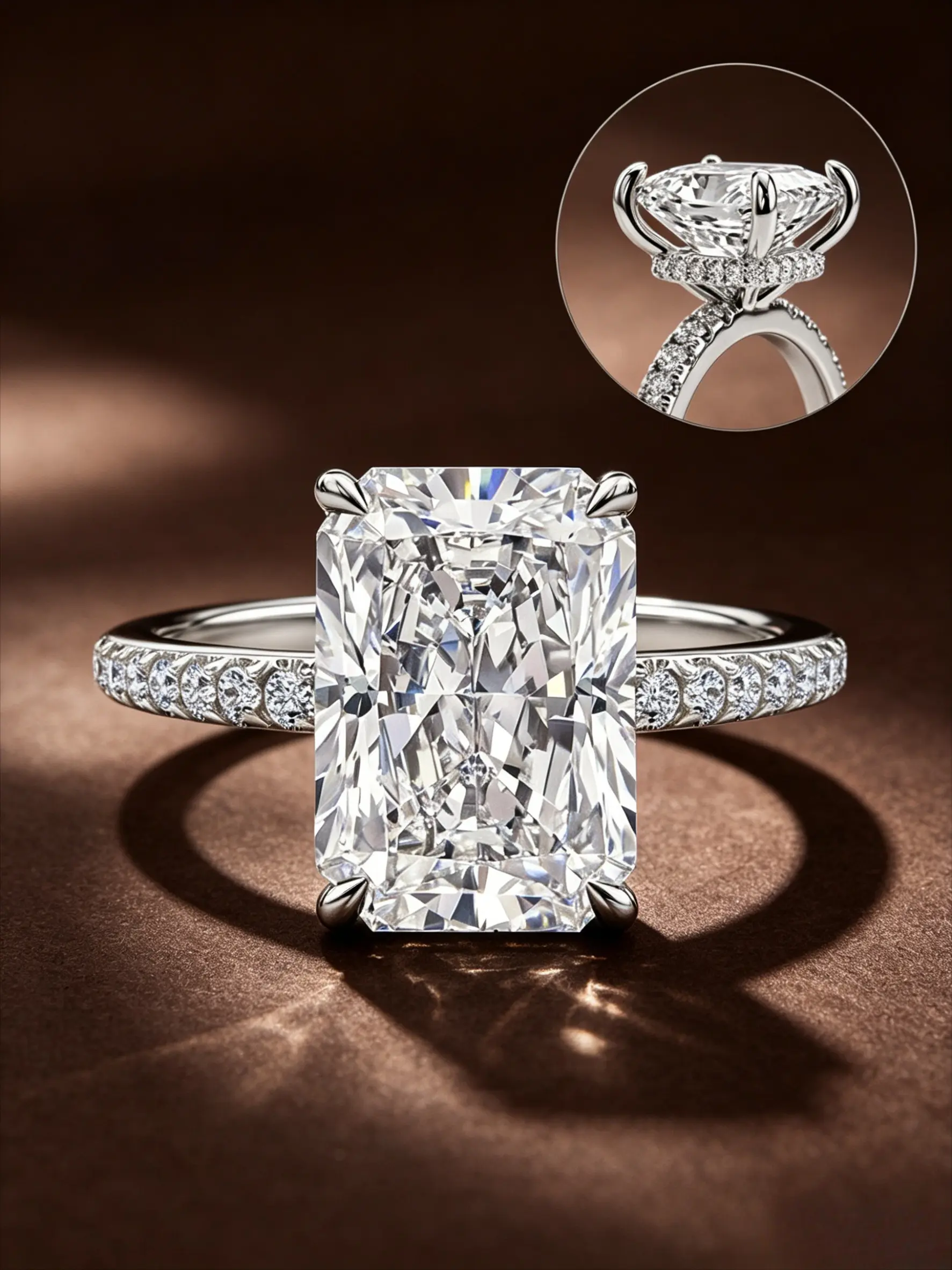 Eco-Friendly Copper Gold-Plated Ice Flower Cut Rectangle Imitation Diamond Ring, 4-Prong Setting With Pavé Band, Luxury Engagement Ring, Anniversary Gift For Women (With Gift Box)