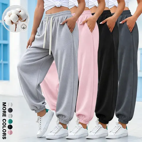 Women’s thick cotton athletic sweatpants with a soft, skin-friendly fleece lining; regular basic couple-style pants—warm casual long pants for autumn and winter.