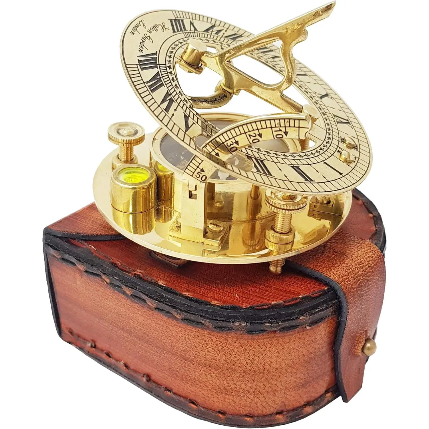 Brass Nautical - Sundial Compass with Intricate Detailing Comes in an Exquisite Top Grain Leather Case - Premium Sundial Compass
