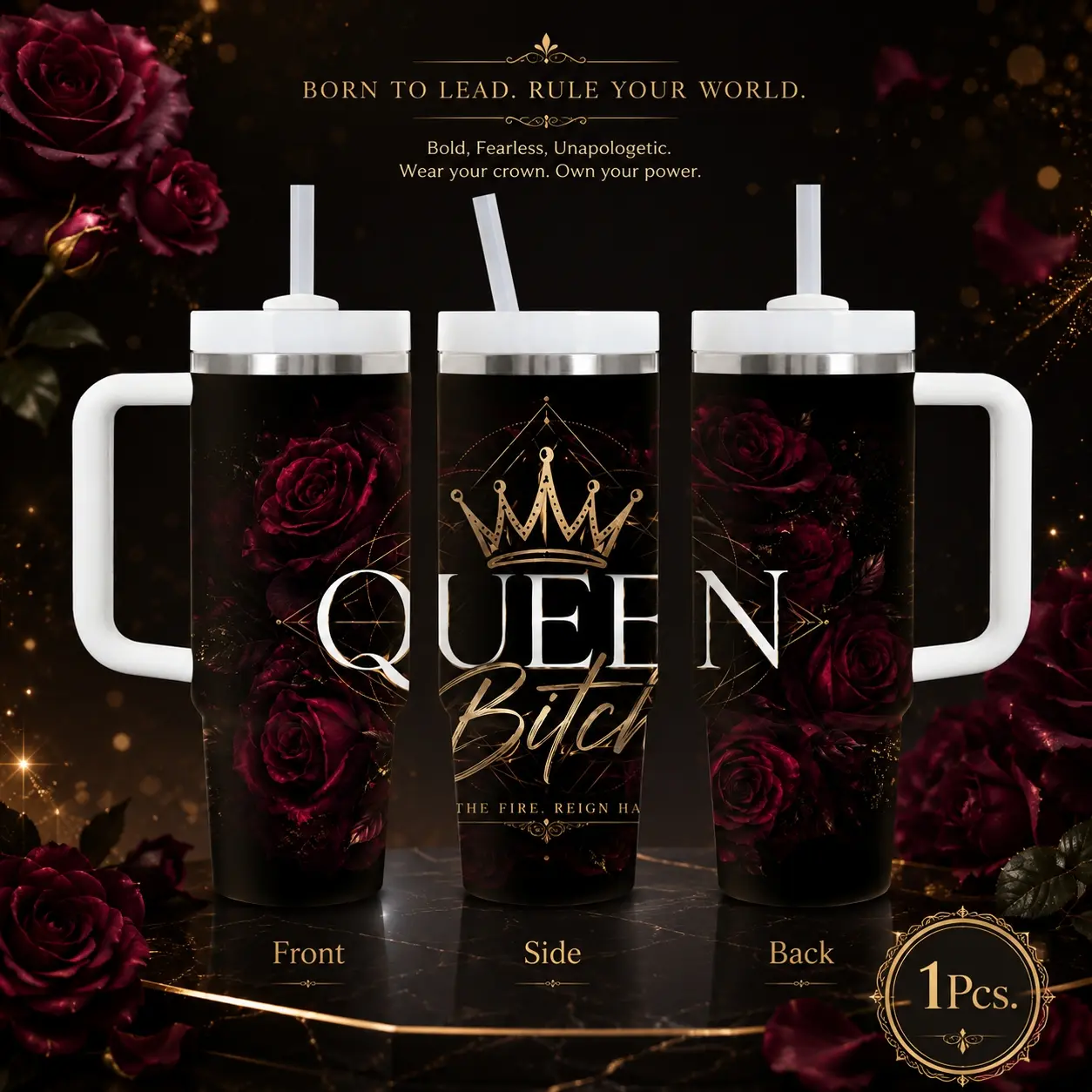 Dark Burgundy Rose Gold Crown Queen Vacuum Flasks 40oz Stainless Steel Vacuum Insulated Tumbler with Handle & Straw | Long-Lasting Cold & Heat Retention, Leak-Resistant | For Iced Coffee, Water, Office, Gym & Travel