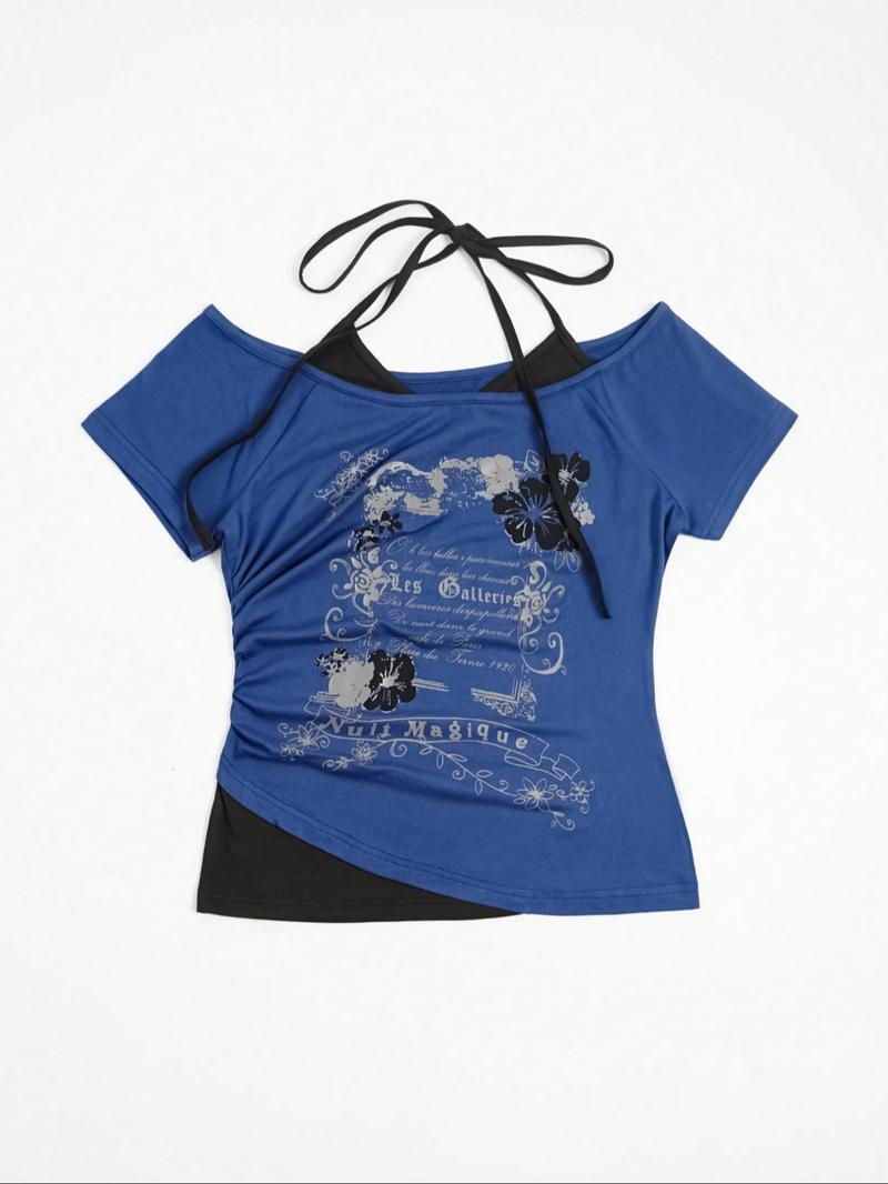 Women's 2 in 1 Floral & Letter Print  Halter Tee, Y2k Casual Top for Summer, Ladies Clothes for Daily Wear