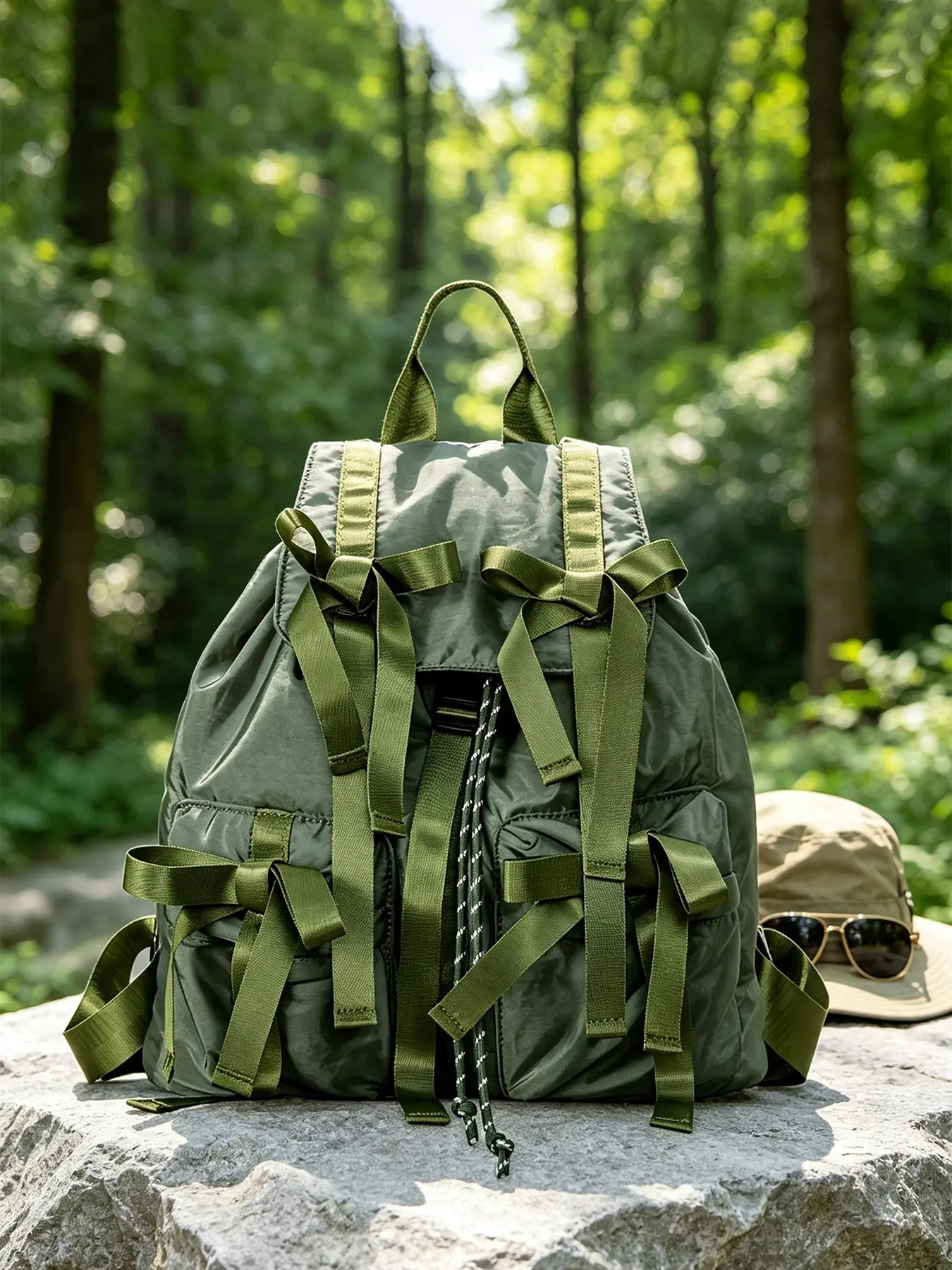 1pc Solid Army Green Drawstring Backpack, Multi Ribbon Bow Decor Large Capacity Nylon Rucksack for OOTD Shooting, City Travel, Campus Daily, Outdoor Walks, Suitable for Street Fashion Women, Casual Outdoor Outfit Lovers