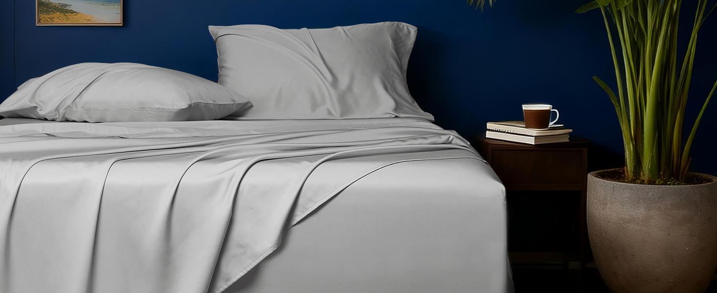 Cooling Sheets Queen – Rayon Derived from Bamboo, Silk Soft & Breathable, Luxury Sheet Set, Deep Queen Sheets Fits 18"–24" Thick Mattress - Light Grey