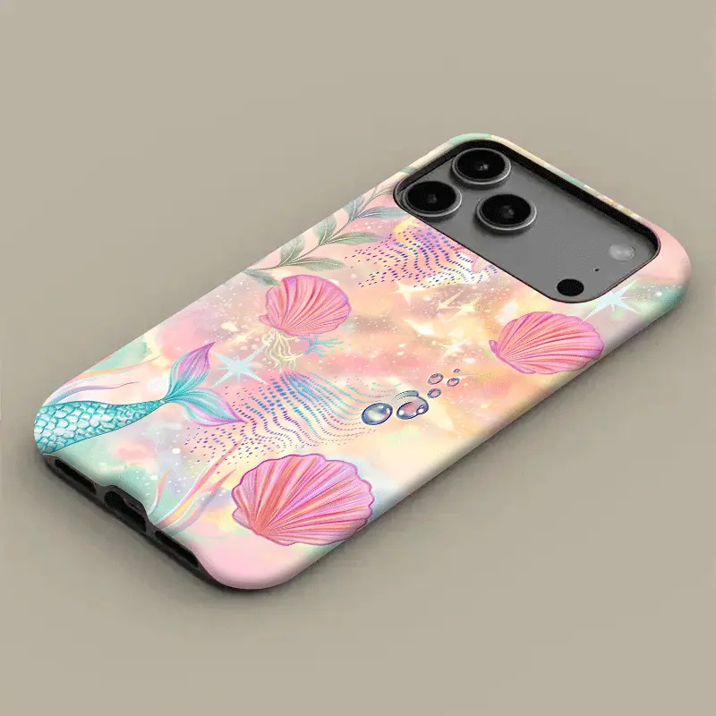 Dreamy Pastel Watercolor Mermaid Tail and Seashells, Patterned phone case, 2-in-1 polycarbonate shockproof cover, waterproof & drop-resistant. Fits iPhone 11-X, 15 Plus, 17 Pro Max, Galaxy S22-S26 Ultra. Camera protection, unisex, couple & holiday gift