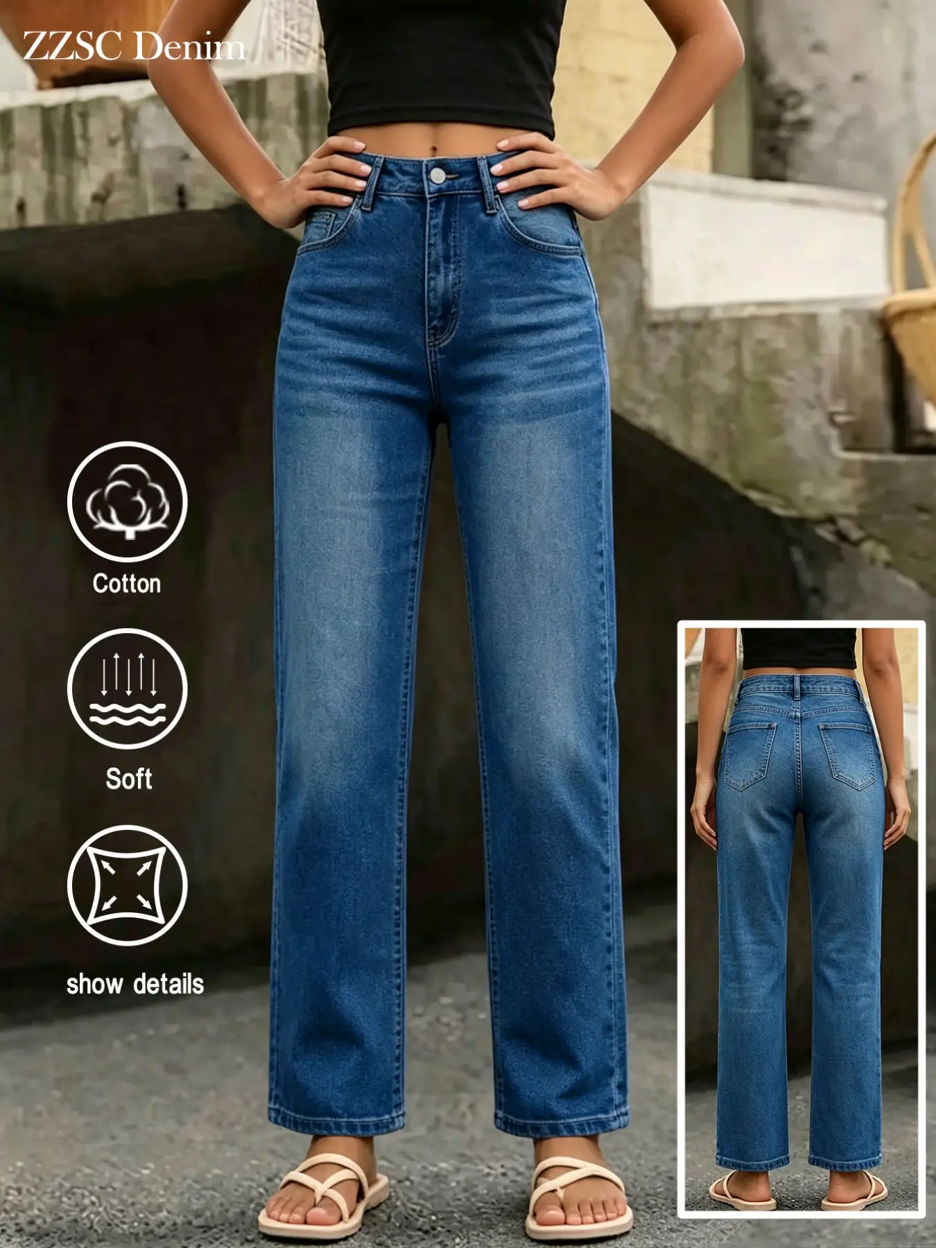 Women's Deep Blue Washed Slim Fit Straight Leg Jeans, High Waist Soft Comfortable Wide Hip Simple Casual Long Pants, Denim Jeans