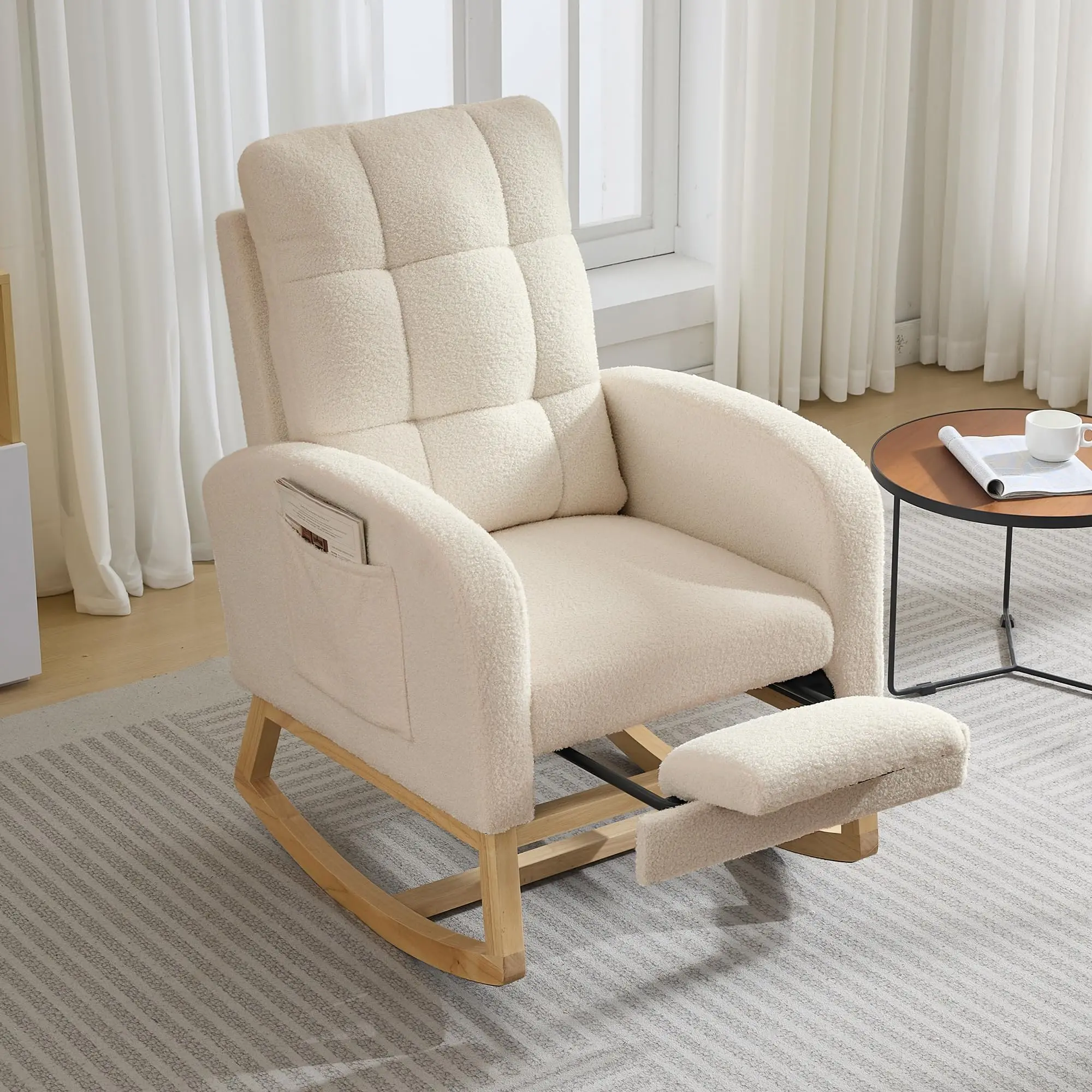 Linen Fabric High Back Rocking Recliner Glider Chair - Upholstered Nursery Furniture with USB Ports, Side Pocket, Solid Wood Legs - Comfortable Modern Accent Chair for Bedroom, Living Room
