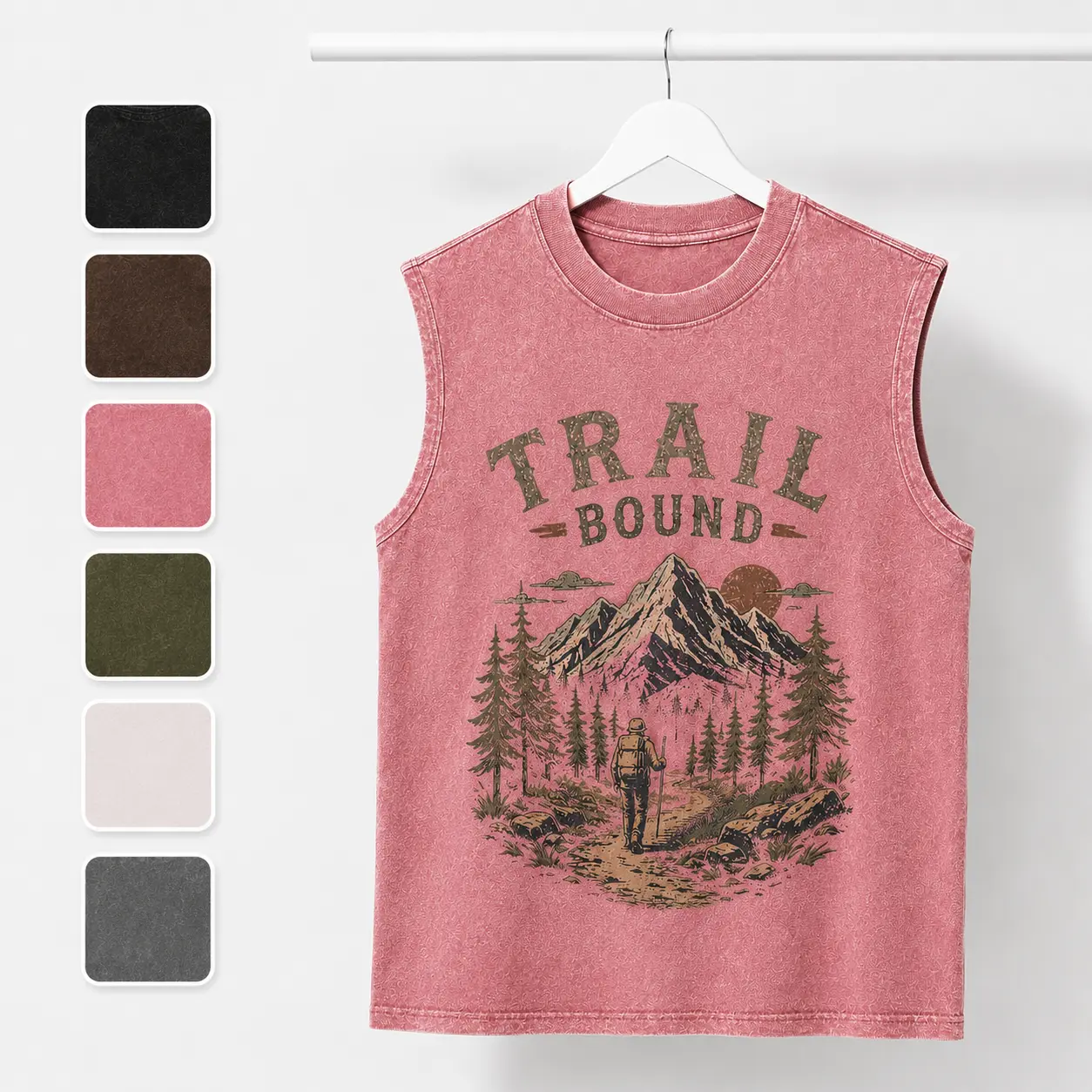 Daily Active House Unisex Vintage Mineral Washed Graphic Tank Top - Retro "Trail Bound" Mountain Scene Pine Forest Print, Breathable Loose Fit, 6 Colors, All Seasons Outdoor Hiking Camping Sleeveless Shirt For Men Women, Graphic Print
