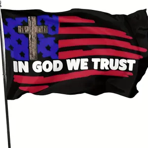 In God We Trust American Flag 2x3ft 3x5ft, Vintage Distressed USA Stars Stripes Banner With Wooden Christian Cross, Patriotic Christian Faith Decor Flag, Black Background Religious American Flag With Rustproof Metal Grommets For Yard Wall Porch Home Party