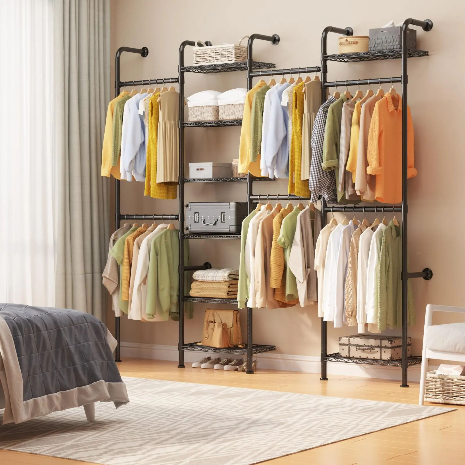 Matte Black Sturdy Carbon Steel Industrial Pipe Wall-Mounted Closet Organizer System, Expandable Multifunctional Garment Rack with 8 Wire Shelves, Hanging Rod for Bedroom Walk-In Closet