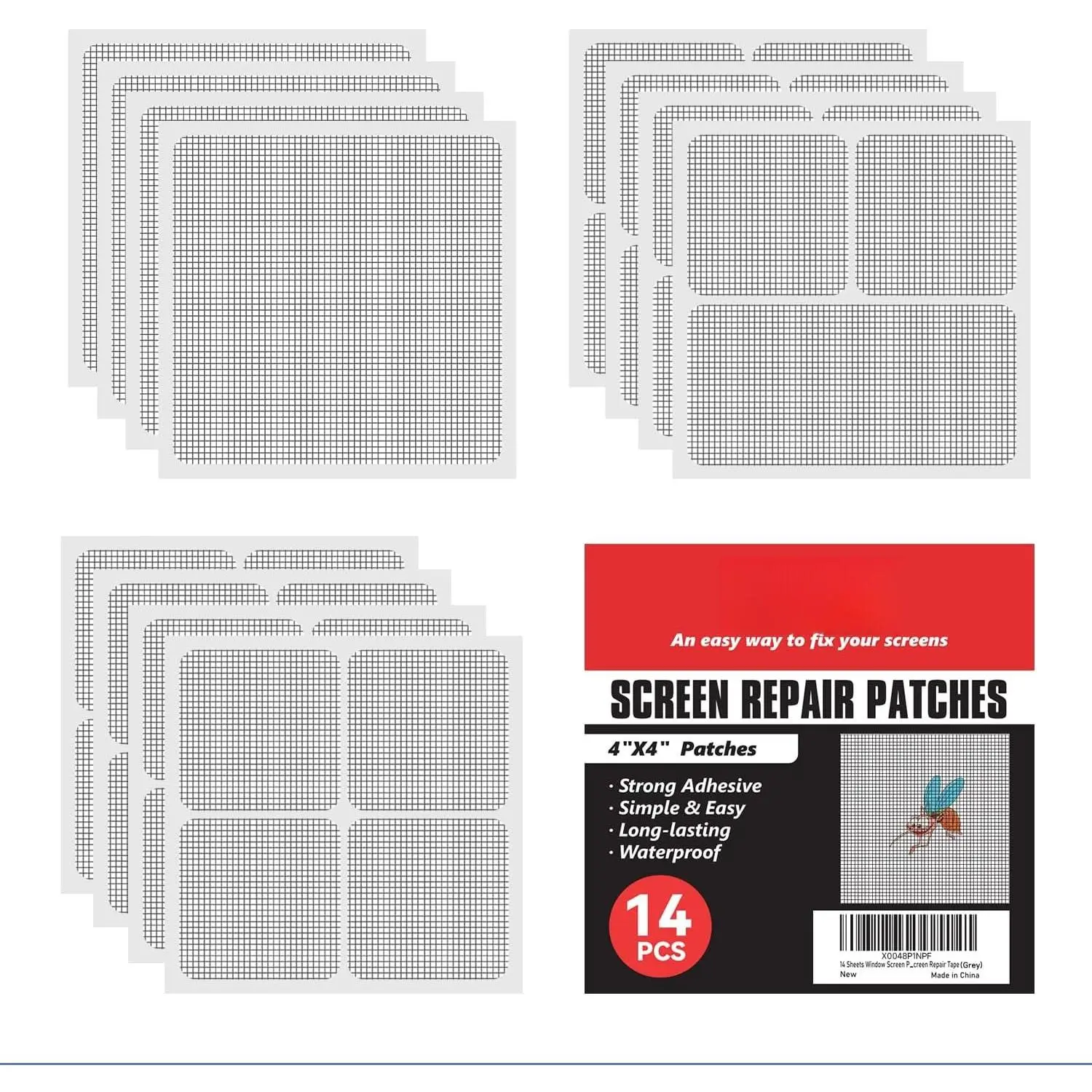 14 Sheets Window Screen Patches Repair Kit, 3 Sizes Window Screen Repair Kit for Mesh Screen Door,  Adhesive Fiberglass Quick Screen Repair Tape (Gray)