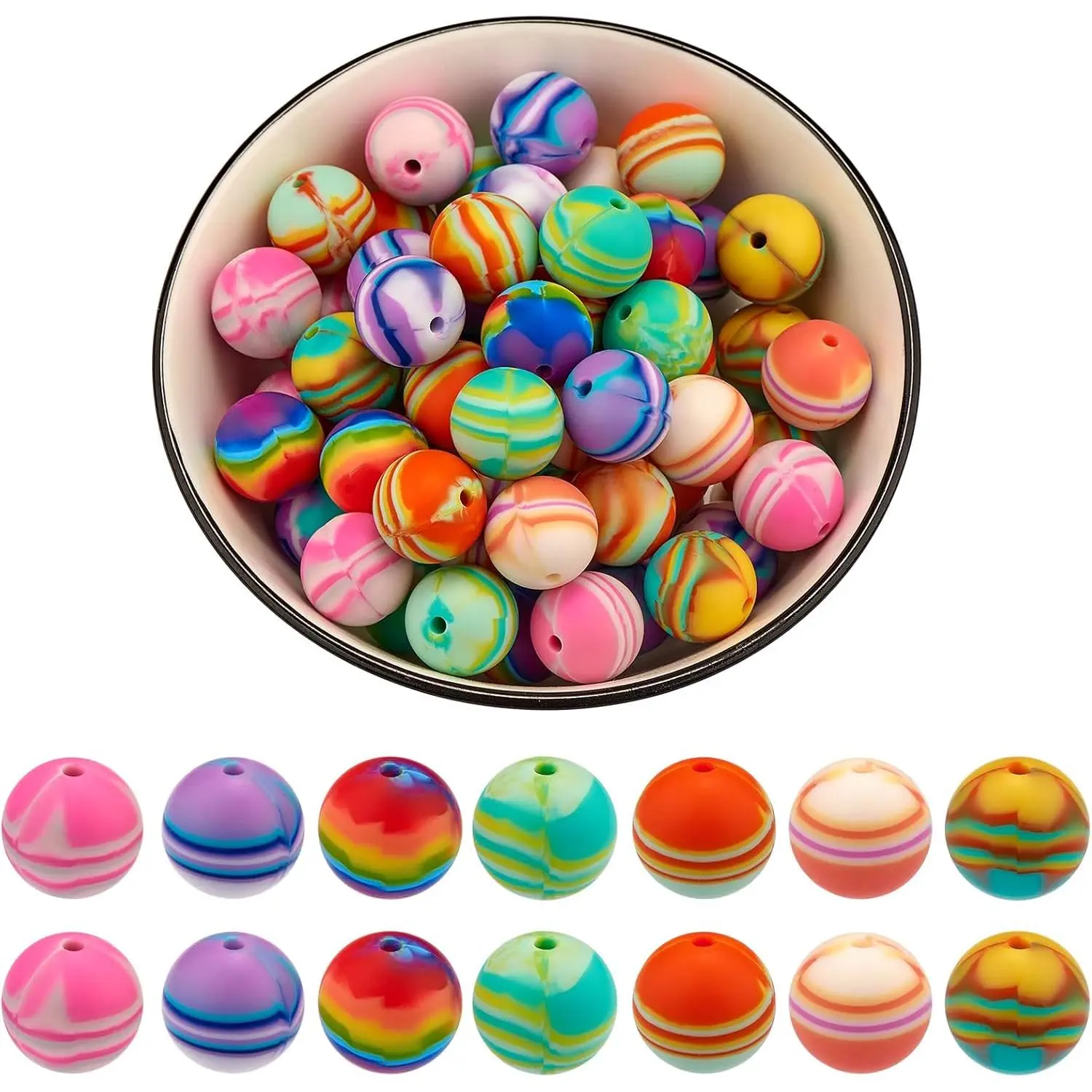 70 count 15mm  Beads for  Making Stripe Rainbow Round Focal Beads for Pens Bracelet Necklace  Making Supplies(Rainbow)