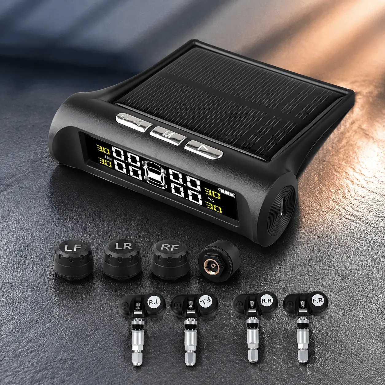 Smart Solar-Powered TPMS Kit: USB Rechargeable, HD LCD Display, Auto Tire Pressure Alarm with Internal/External Sensors, Vehicle Safety Accessory