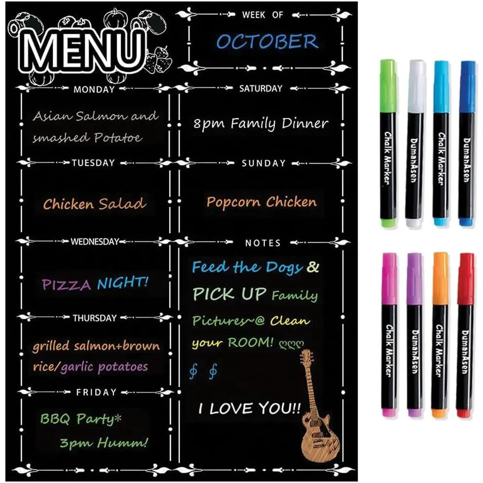 Menu Board for Fridge,  Dry Erase Weekly Menu Planner/Family Calendar 16" x 12" with Grocery List and Notes (Black with 8 Markers)