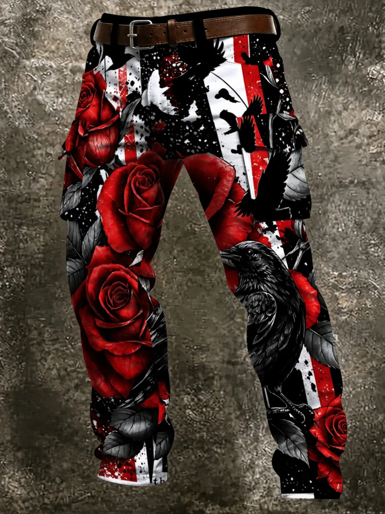 Gothic Style Rose Crow Ink Print Cargo Pants, Loose Fit Men's Long Trousers, Trendy Casual All-Seasons Fashion, Unlined Fitted Design