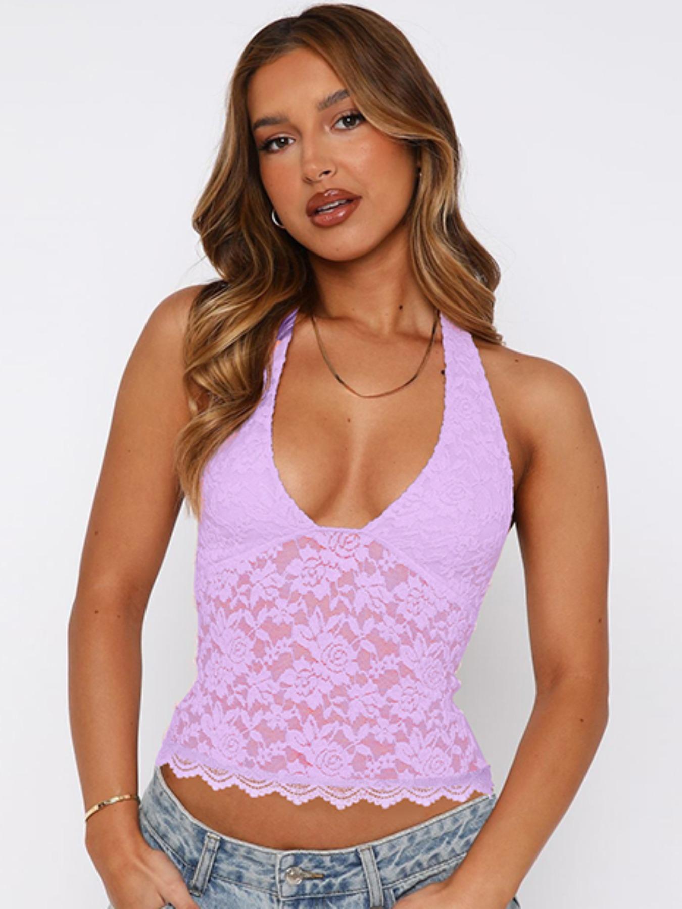 Women's Solid Sheer Backless Halter Neck Top, Fashion Casual Sleeveless Top for Daily Outdoor Wear, Ladies Clothes for All Seasons, Lace Cami Top, Womenswear