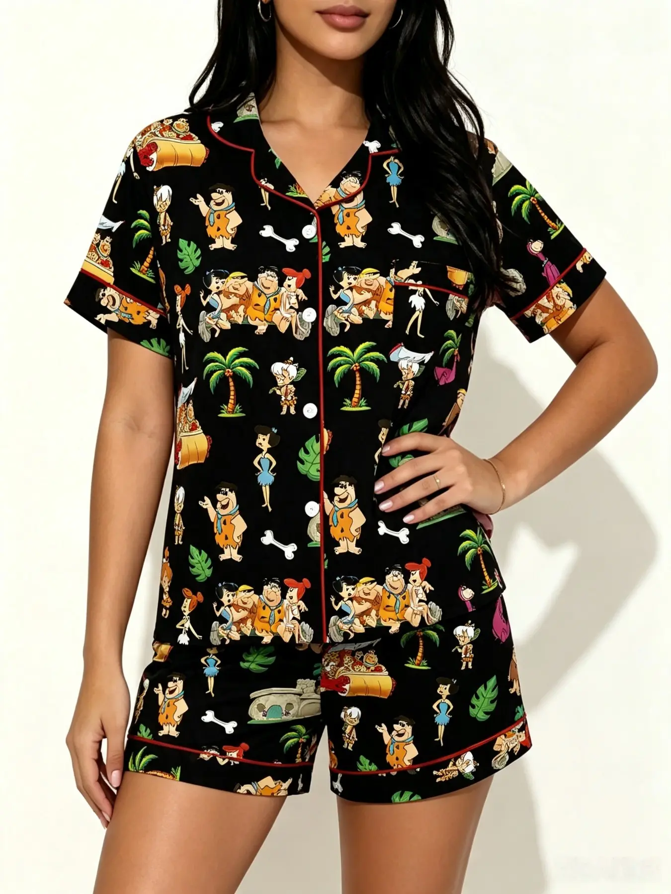 Teen Retro Prehistoric Cartoon Print Pajama Set, Soft Comfortable Sleepwear, Casual Home, Summer Daily Wear, Gift for Teens