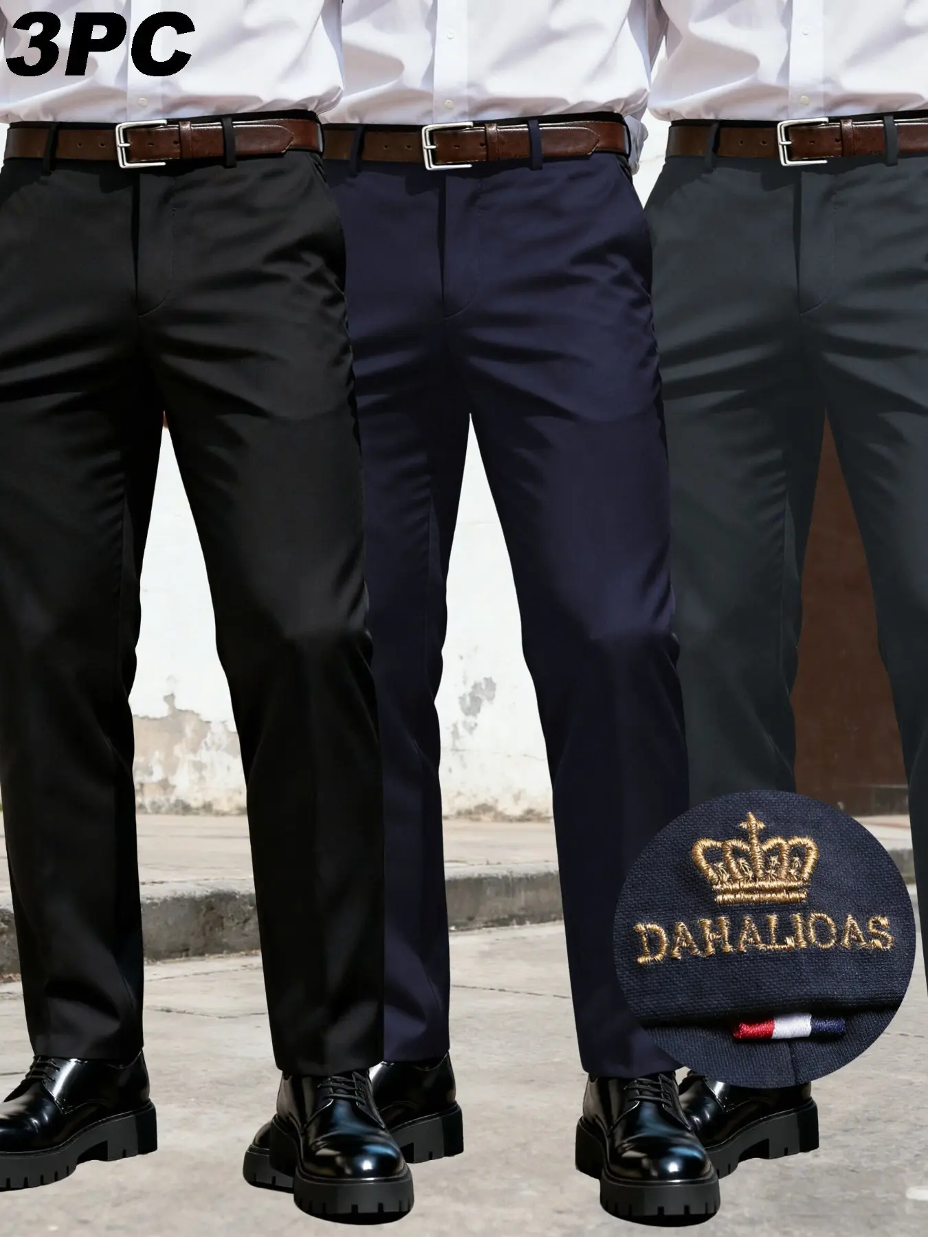 Men's 3-Piece Formal Dress Pants, Embroidery, Wrinkle-Resistant Elastic Fabric, Multiple Pockets, Office & Business Wear, Casual Golf, Business Suit Pants, Trouser