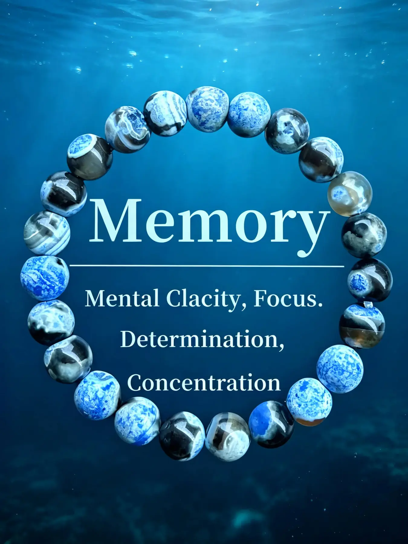 Memory Themed Mental Clarity Bracelet, Crystal Bracelets, Natural Ocean-Inspired Swirl Cloud Marbling Banded Blue Grey Agate Round Beads, Cultivate Focus, Concentration, Energy Crystal Accessory for Students, Exam Season & Office Daily Layering