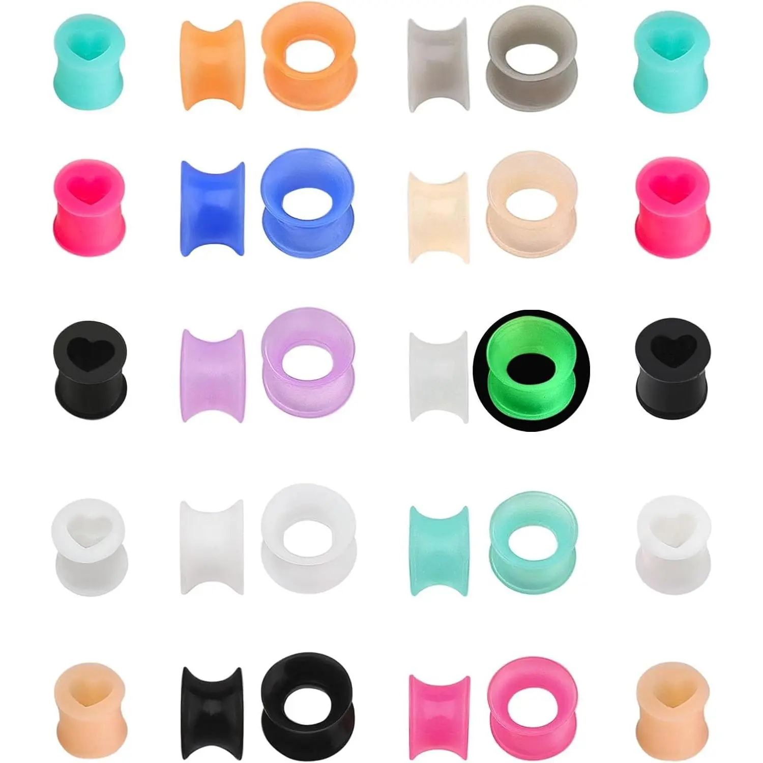 15 Pairs Silicone Ear Gauges Tunnels, Heart-Shaped Ultra-Thin Stretching Plugs Set Mixed Colors Body Jewelry for Unisex 5mm-16mm 4g to 5/8"
