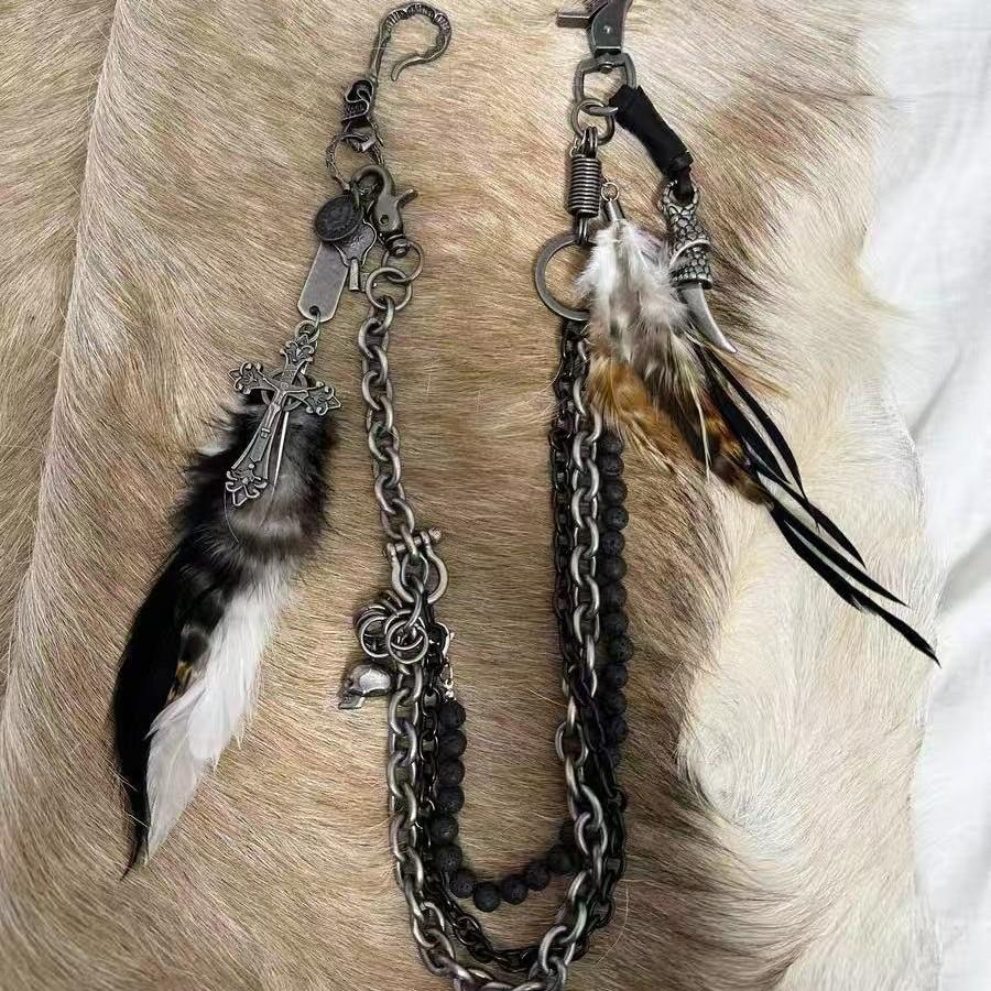 Handmade Visual Feather Skull Cross Multi-layer Retro Keychain Pant Chain Necklace Dual-purpose Versatile