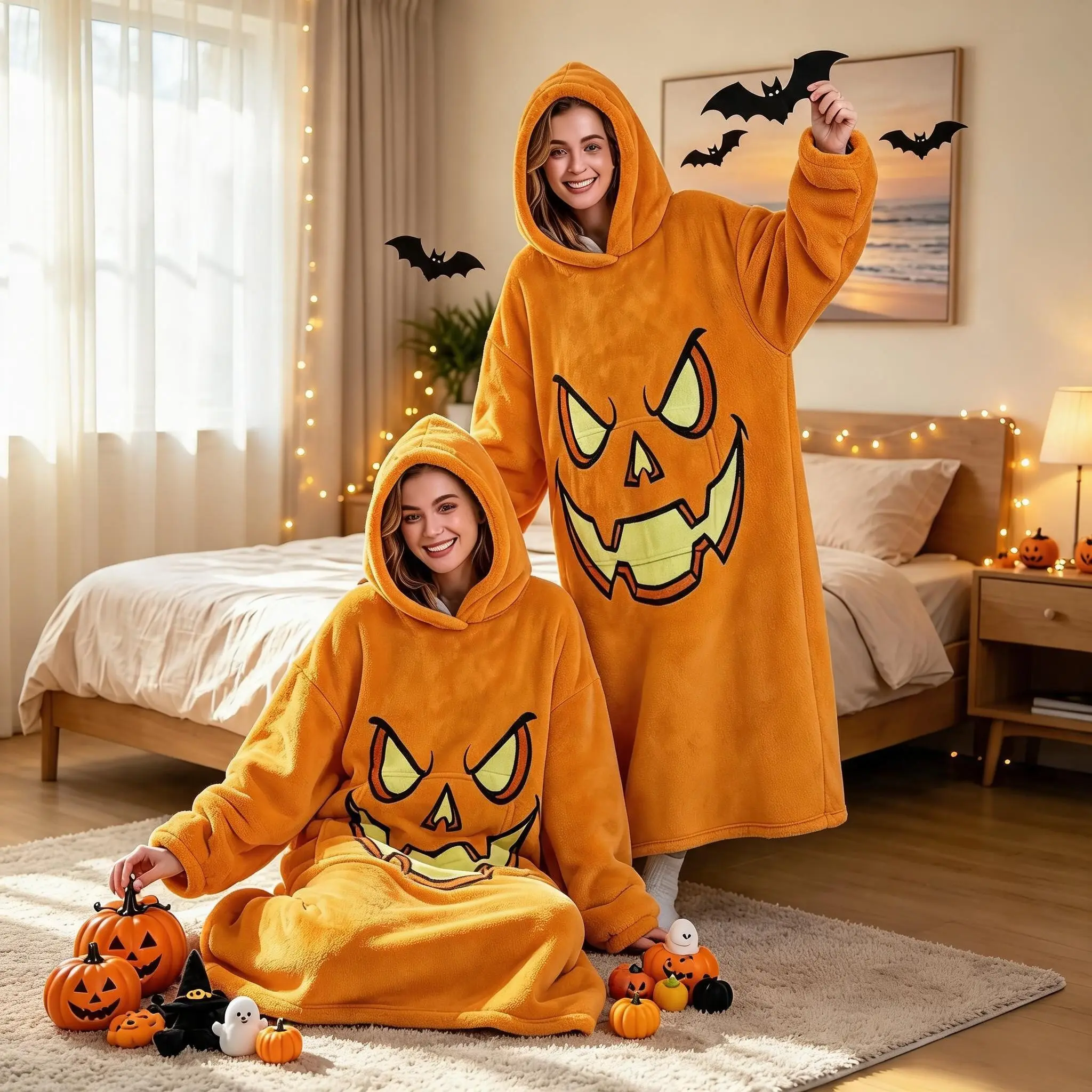 Thick Flannel Wearable Blanket, Couples' Pumpkin Lantern Hooded Blanket, Fun Home Lazy Blanket with Large Pockets, Perfect Halloween Gift