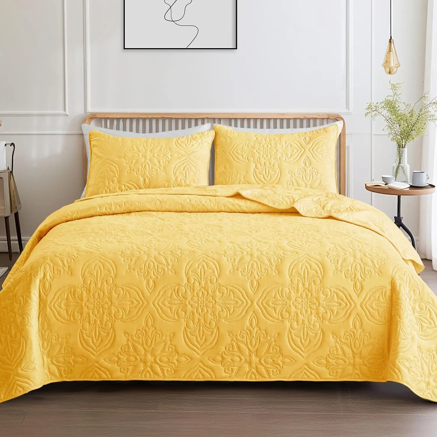 Queen Bedding Set Vintage Damask Reversible Bedspread |   Suitable for Bed, 3 Pieces Yellow Lightweight Breathable Queen Size, Ultrasonic Coverlet Bed Cover with 2 Pillow Shams