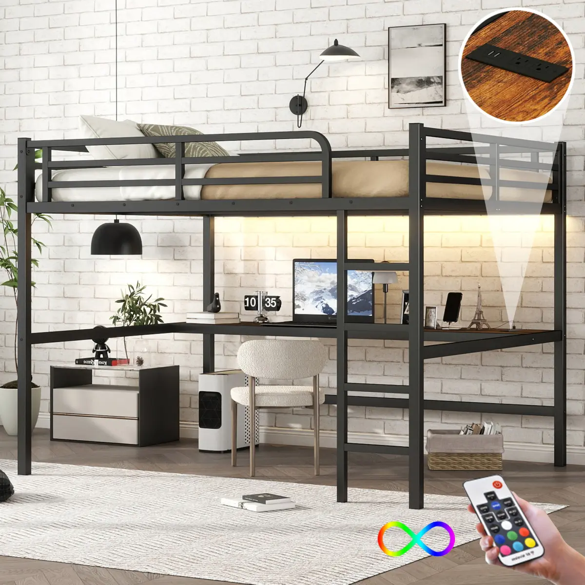 Aobtkel Metal Queen Size Loft Bed - Secure, Space-Saver Design, Noise-Reduced, with Power Outlet, LED Light, USB Port, Compatible with Queen Size Mattress
