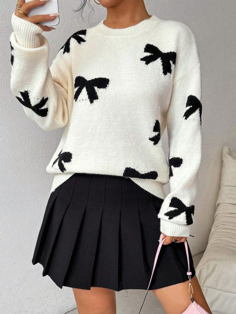 Fashion Bow Print Casual Loose Knitted Sweater Pullover Autumn/Winter Women Pullovers New O-Neck Full Sleeve Knit Sweater Fashion Bow Print Casual Loose Knitted Sweater Pullover Autumn/Winter Women Pullovers New O-Neck Full Sleeve Knit Sweater