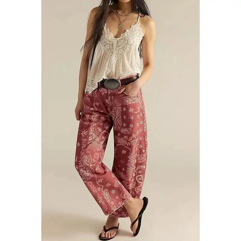 Women Boyfriend Baggy Barrel Jeans Floral Print Denim Ankle Pants Wide Leg Mid Rise Jeans Sweatpants Y2k Patchwork