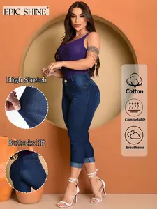 Women's High Waist Butt Lifting Nine-Inch Jeans, Elastic Slim Fit Denim Jeans, Deep Blue Stretch Rolled Hem Tight Jeans, Office Wear, Casual