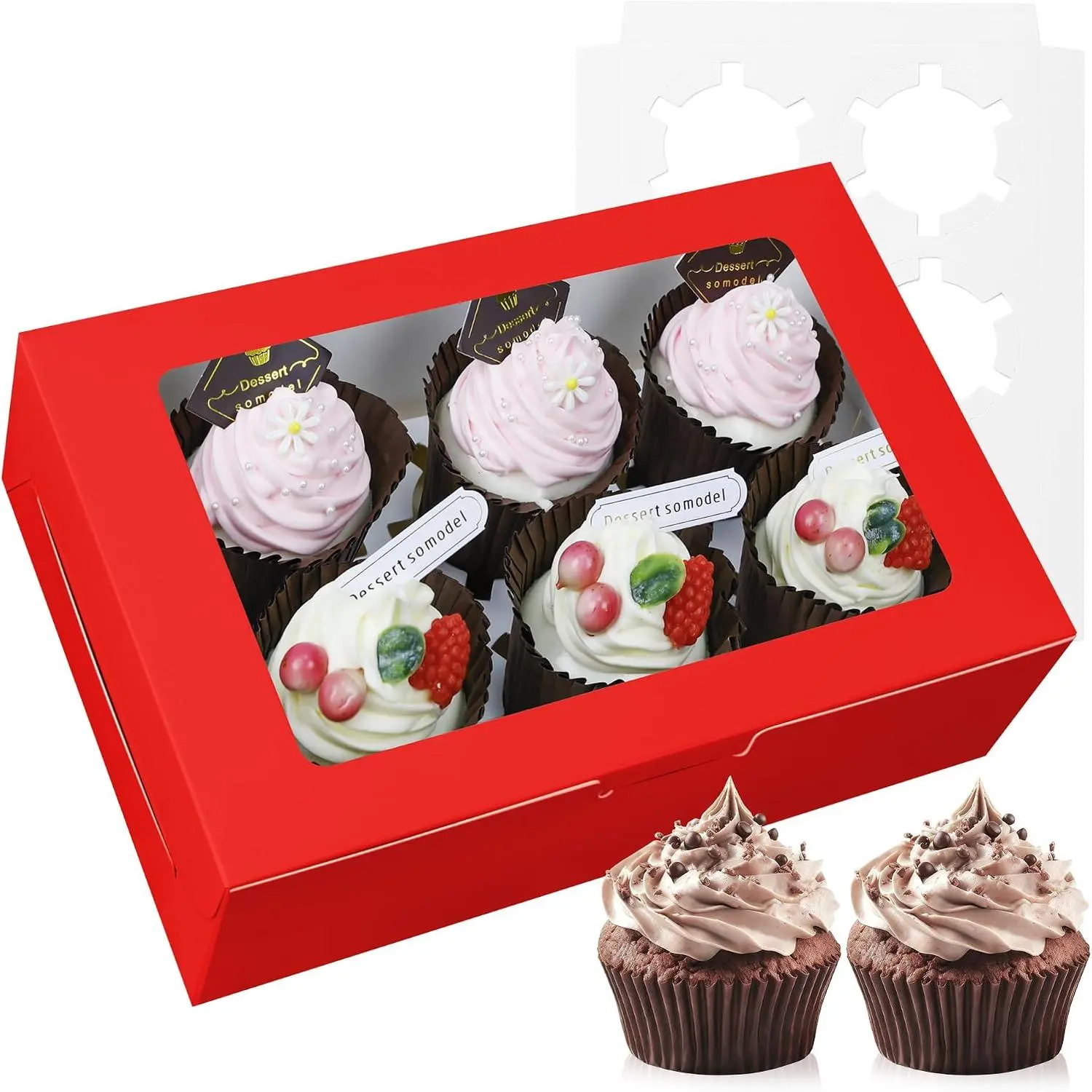 10-Set Cupcake Boxes Bulk with Clear Display Window Hold 6 Standard Cupcakes, Disposable  Grade Red Cupcake Carrier Cupcake Container,  for Cupcakes Muffins Cookies Pastries