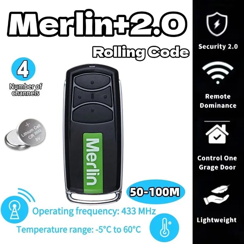 Merlin E960m Garage Door Remote Control, 4 Keys Security+2.0 Rolling Code, Long Range 50-100 Meters, Compatible with Merlin Electric Roller Shutter Controller