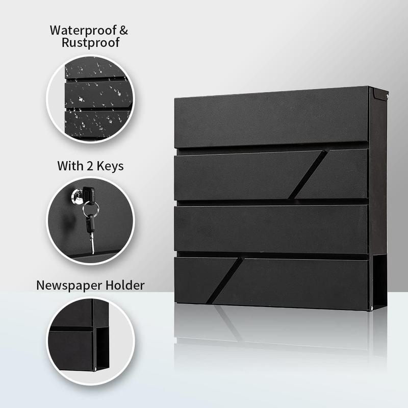 Mailbox Wall Mount,Large Capacity Locking Mailbox for Outside,Galvanized Steel Cover and Rust-Proof Metal Box with Newspaper Holder,14.6"x14.6"x4.3" Black,MD025B Mailbox Wall Mount,Large Capacity Locking Mailbox for Outside,Galvanized Steel Cover and Rust-Proof Metal Box with Newspaper Holder,14.6"x14.6"x4.3" Black,MD025B