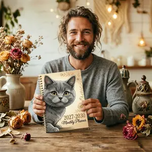 2027-2030 Monthly Planner, A5 size, 124 pages of high-quality paper, gradient inner pages. British Shorthair cat vintage floral sketch spiral notebook, 21.08 cm x 13.97 cm, diary/planner for pet lovers