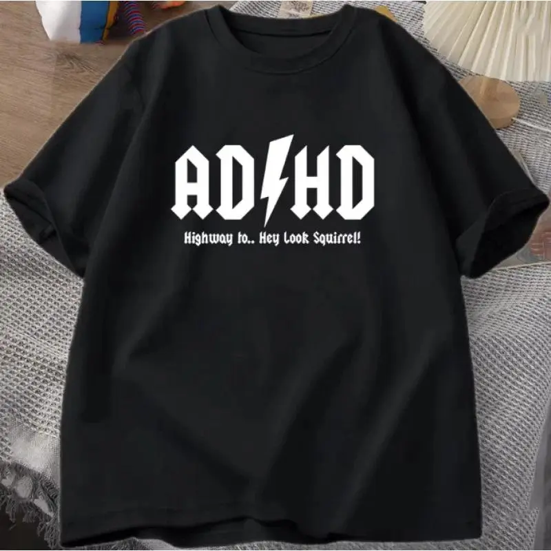 Men's Graphic T-Shirt with "ADHD Highway Hey Look a Squirrel" Funny Print, Casual Round Neck Streetwear Top, Shortsleeve, Tshirt, Menswear, Adhd-Themed Print Men's Short-Sleeve T-Shirts, Adhd Highway Hey Look Squirrel
