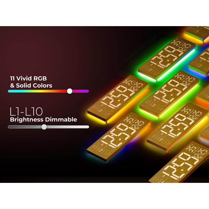 EASYERA 16.5" Large Wood Grain Digital Wall Clock with Remote Control RGB Atmosphere Lights 11 Scenes Dual Alarms LED Display for Livingroom Classroom, Office, Game, Craft Room, Game-Changer for Seniors & Elderly, Grey & Kids.