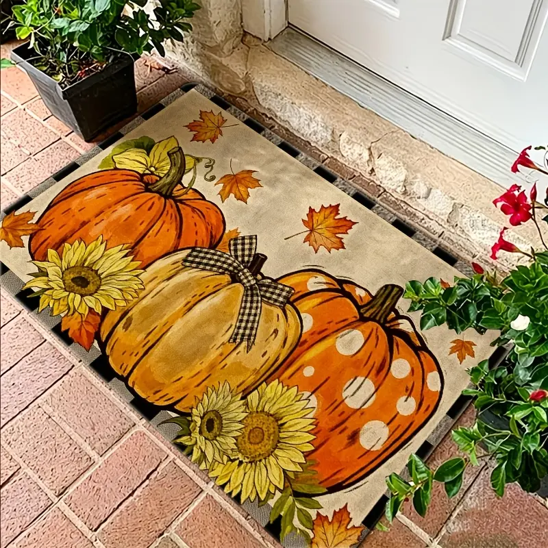 Flannel Floor Mat 1-piece set, multi-color Thanksgiving flannel doormat, pumpkin and autumn leaf pattern design, machine washable. Suitable for sinks, bedrooms, living rooms, and dining rooms--ideal for autumn decoration