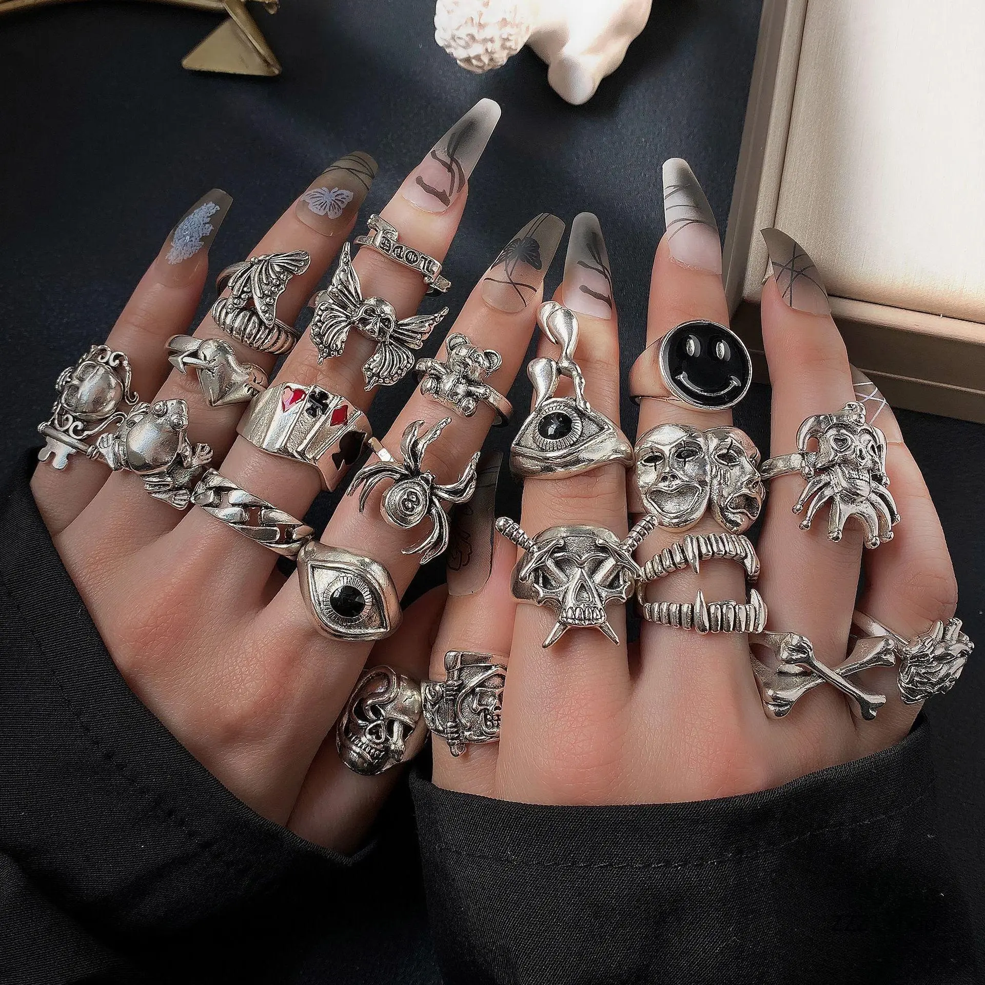24Pcs Vintage Silver Gothic Ring Set - Men's Accessories, Dark Aesthetic Goth Skull, Butterfly, Spider Knuckle Rings, Punk Evil Eye, Face Mask, Snake Finger Jewelry Gift for Women Men, Dark Aesthetic Rings